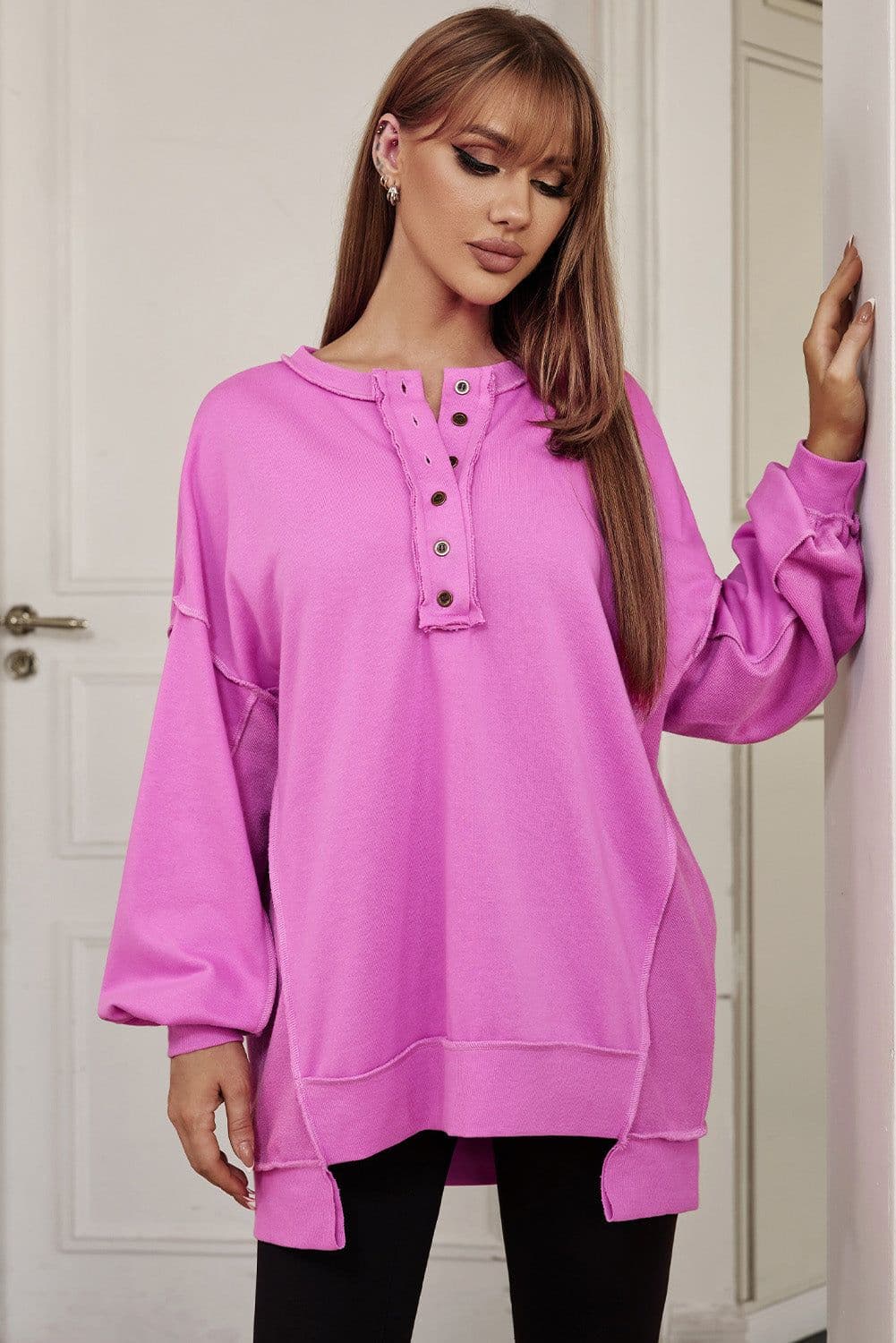 image-Purple Oversized Exposed Seam Henley Sweatshirt
