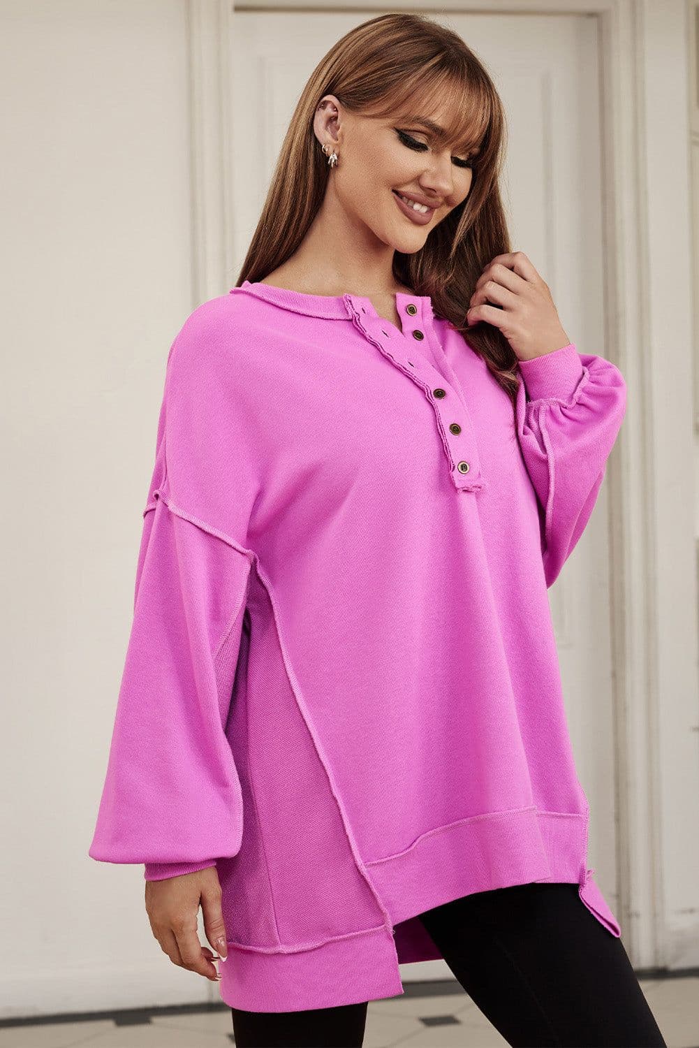 image-Purple Oversized Exposed Seam Henley Sweatshirt