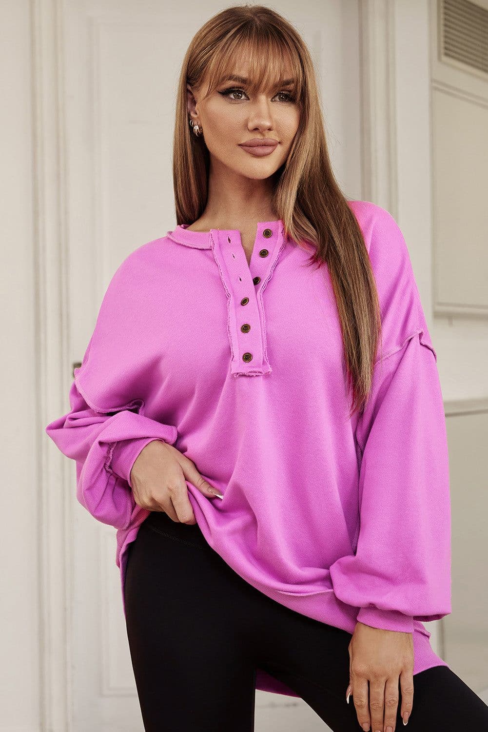 image-Purple Oversized Exposed Seam Henley Sweatshirt
