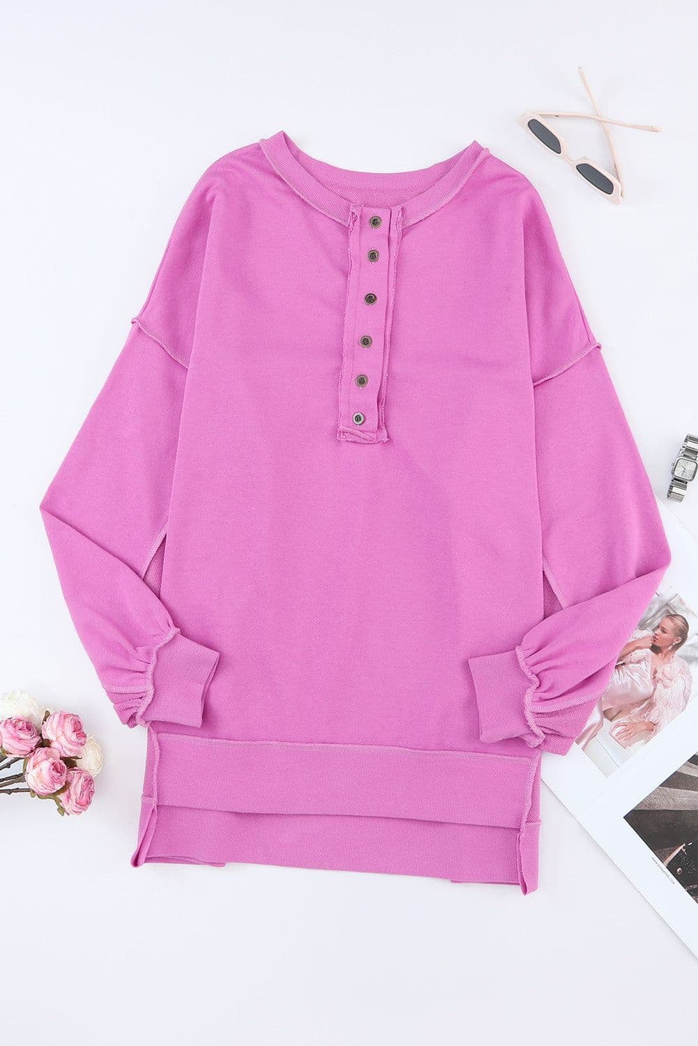 image-Purple Oversized Exposed Seam Henley Sweatshirt
