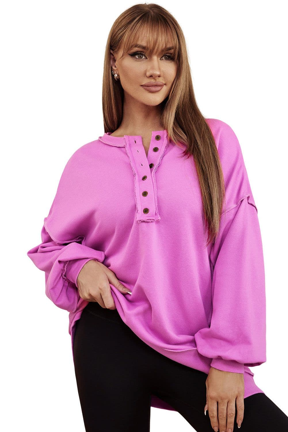 image-Purple Oversized Exposed Seam Henley Sweatshirt