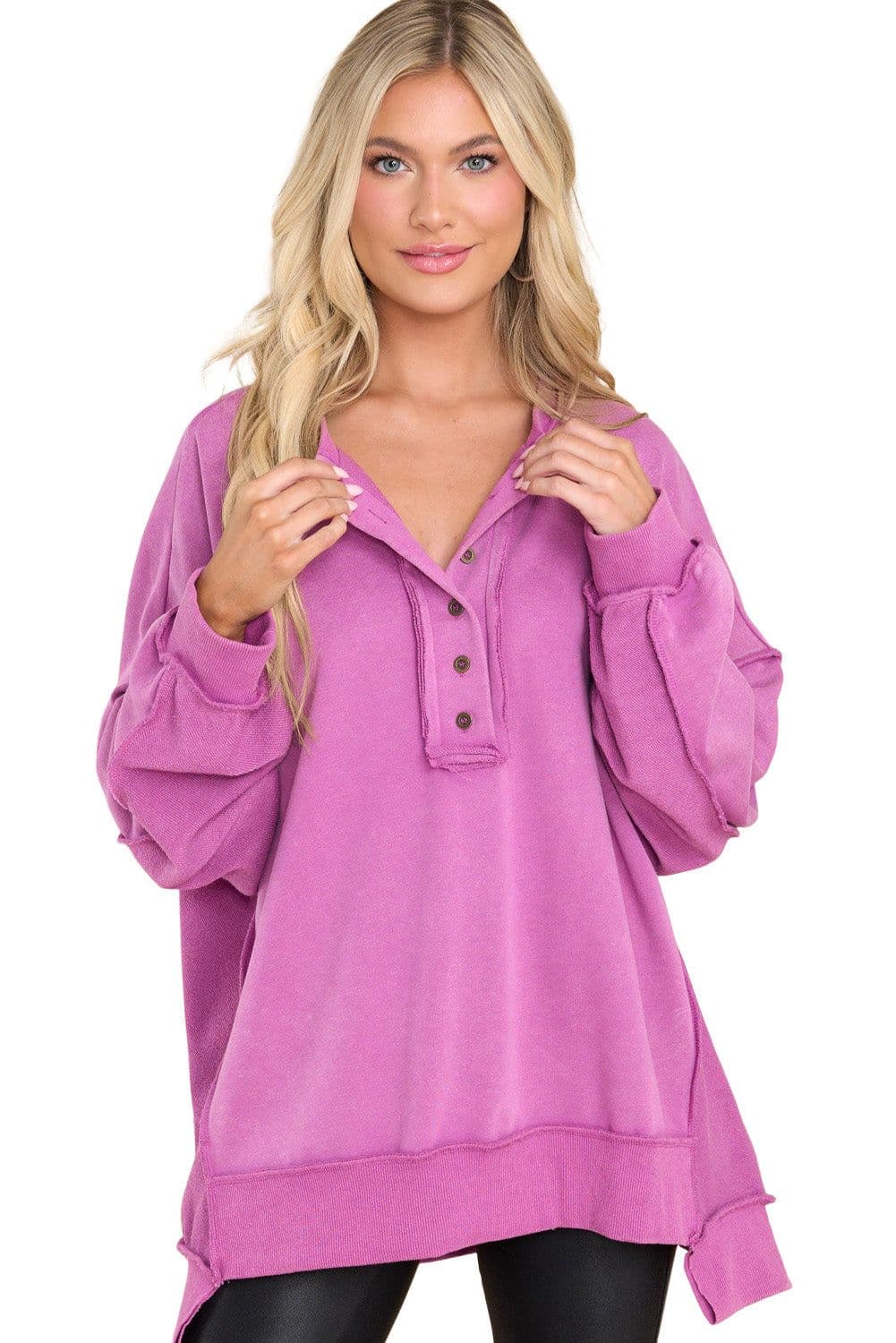 image-Purple Oversized Exposed Seam Henley Sweatshirt