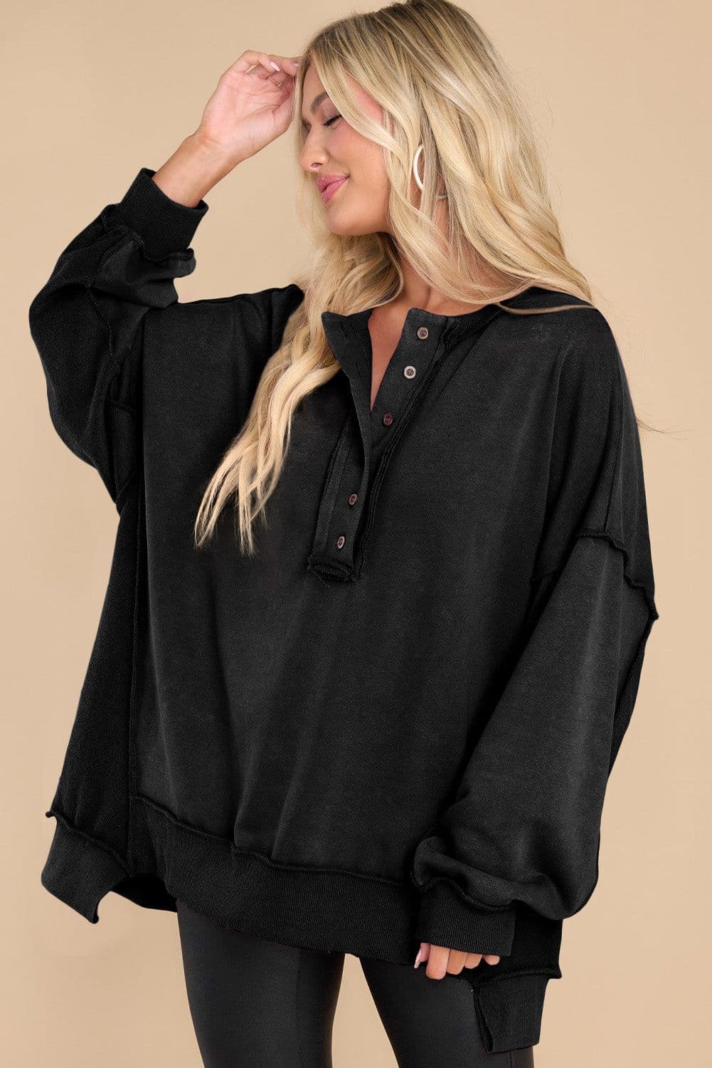 image-Purple Oversized Exposed Seam Henley Sweatshirt