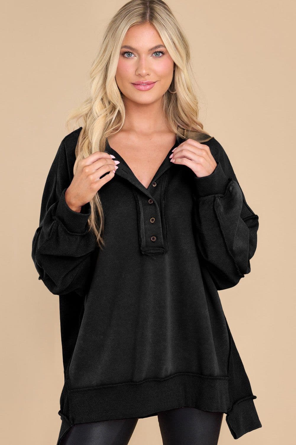 image-Purple Oversized Exposed Seam Henley Sweatshirt
