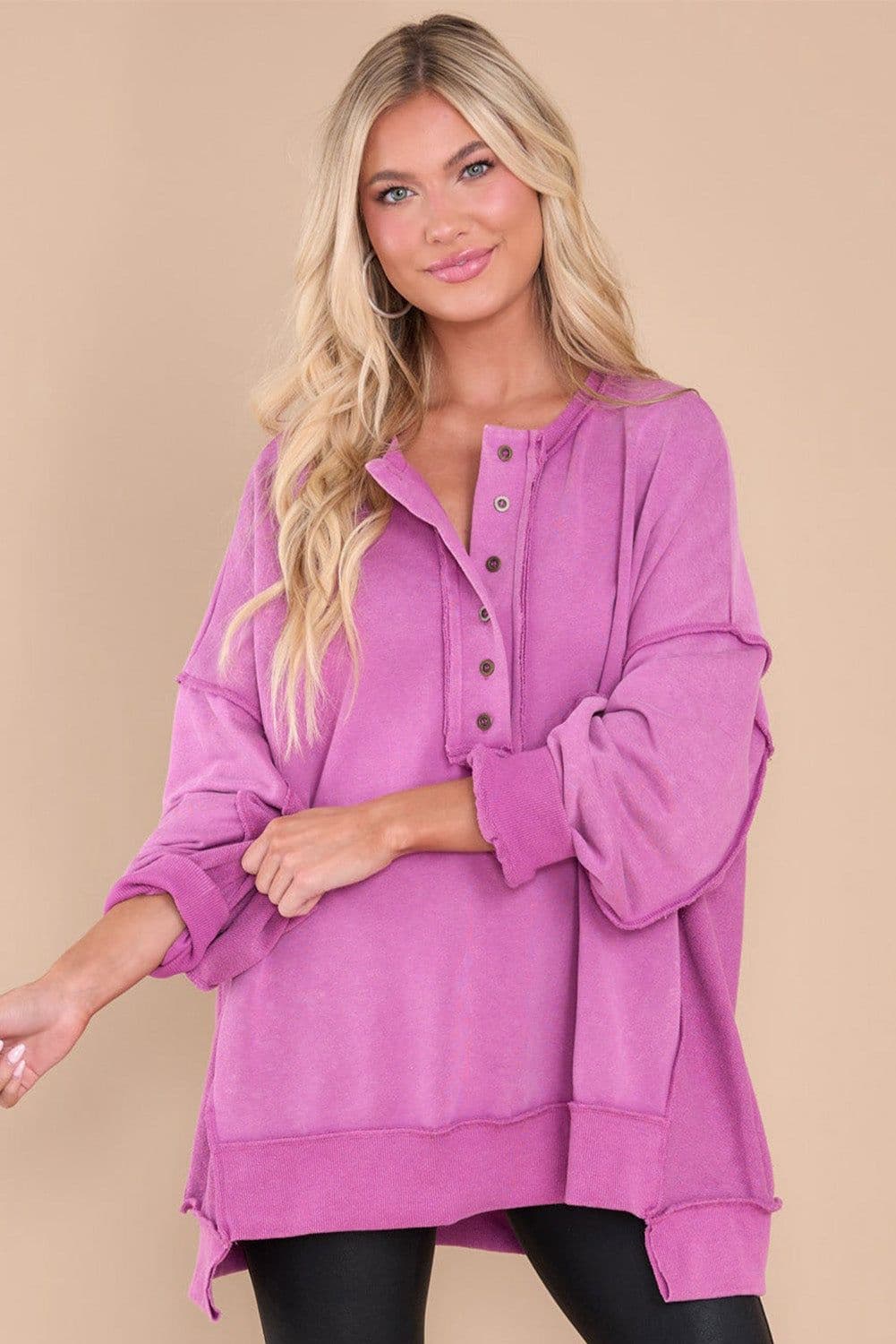 image-Purple Oversized Exposed Seam Henley Sweatshirt