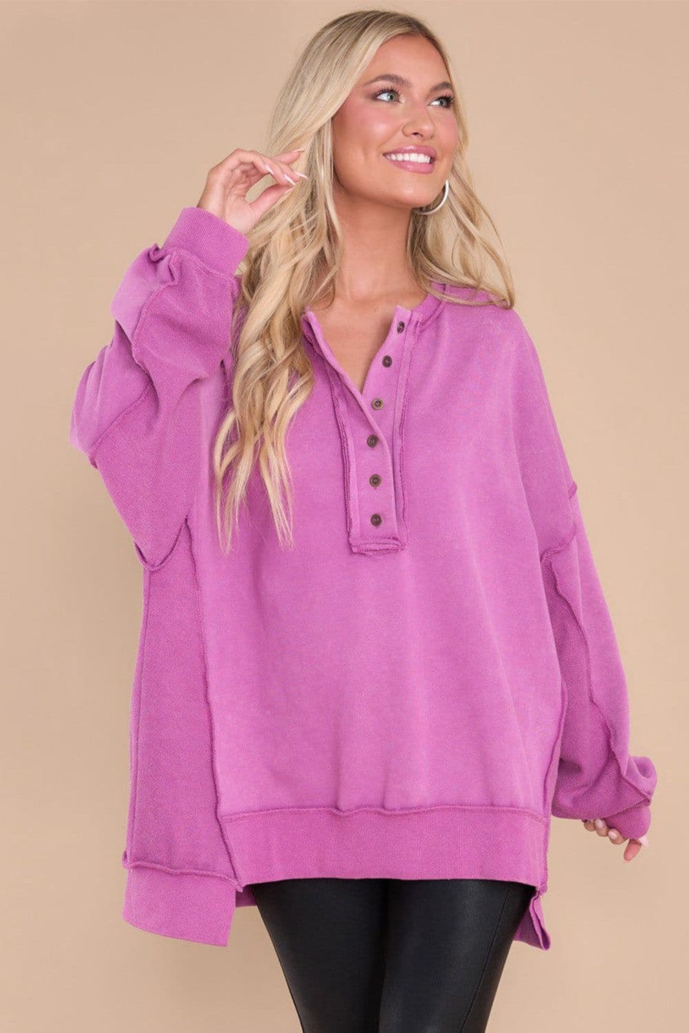 image-Purple Oversized Exposed Seam Henley Sweatshirt