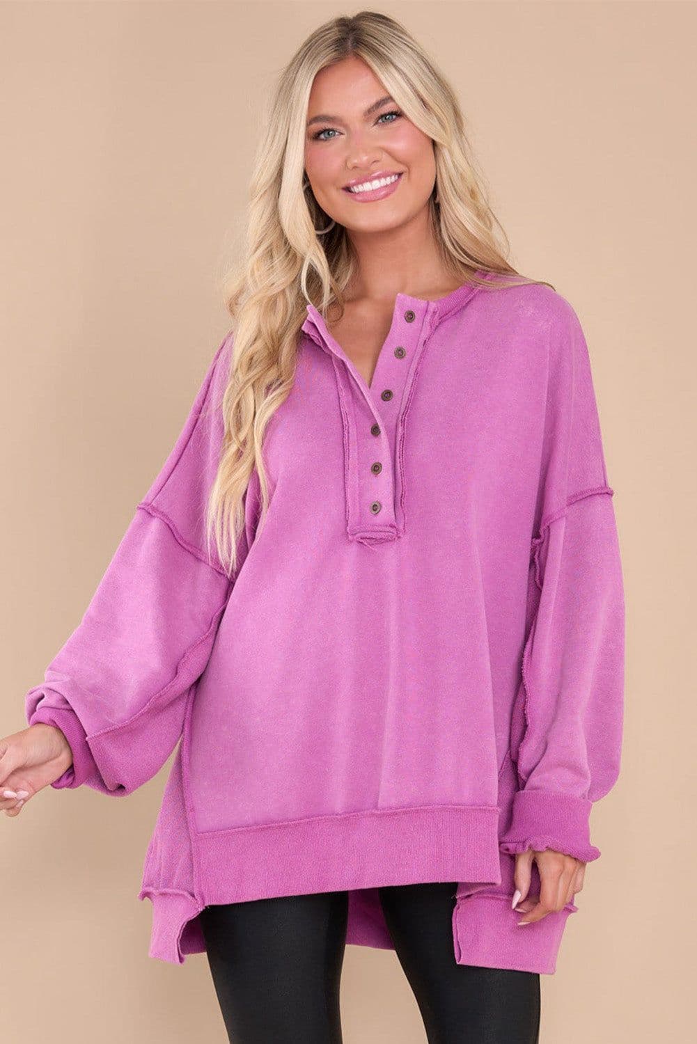 image-Purple Oversized Exposed Seam Henley Sweatshirt