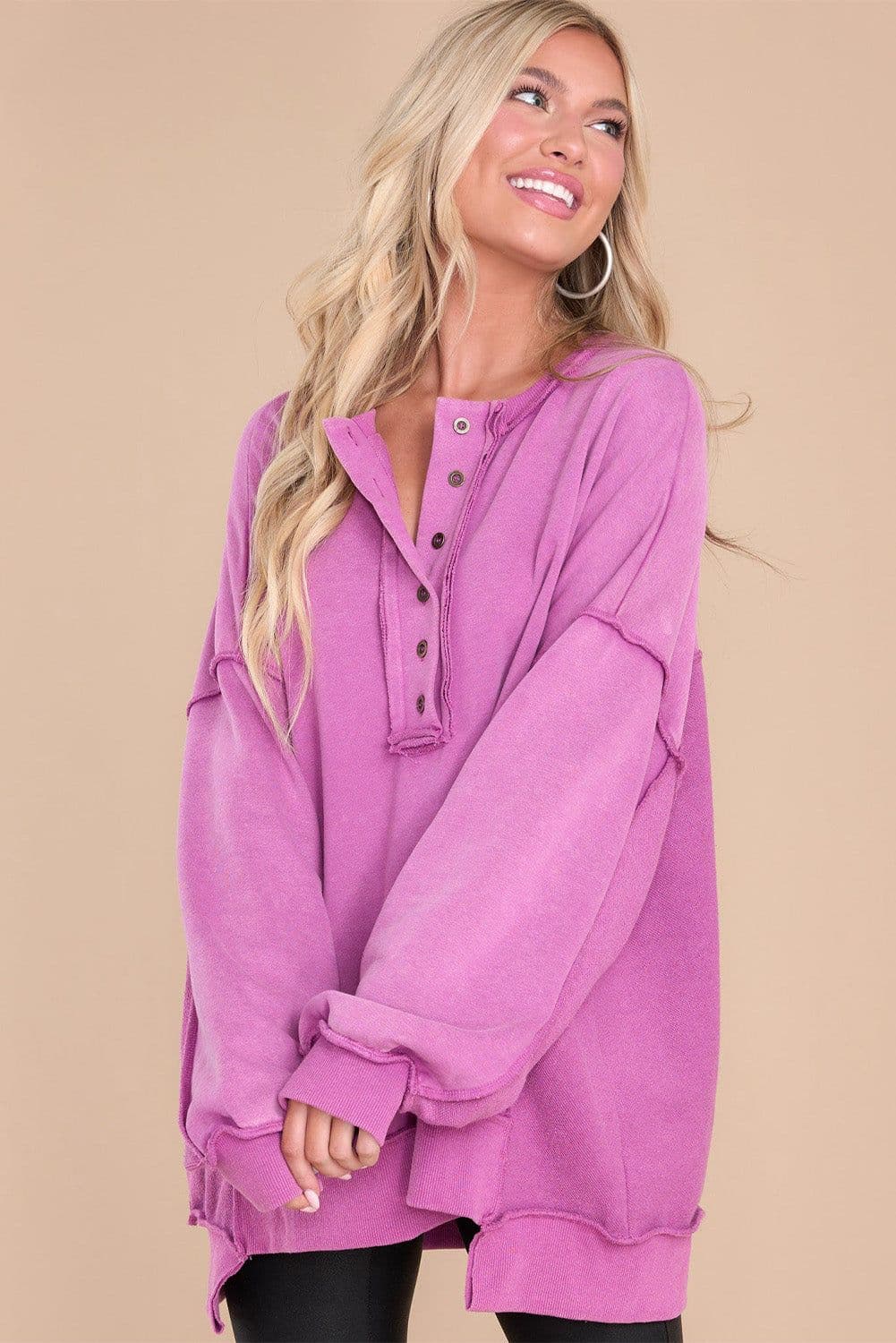 image-Purple Oversized Exposed Seam Henley Sweatshirt