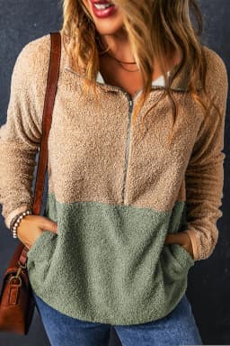 image-Smoke Gray Two Tones Color Block Half Zip Fleece Sweatshirt