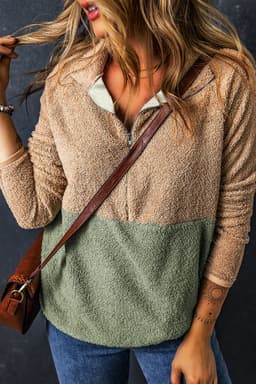 image-Smoke Gray Two Tones Color Block Half Zip Fleece Sweatshirt