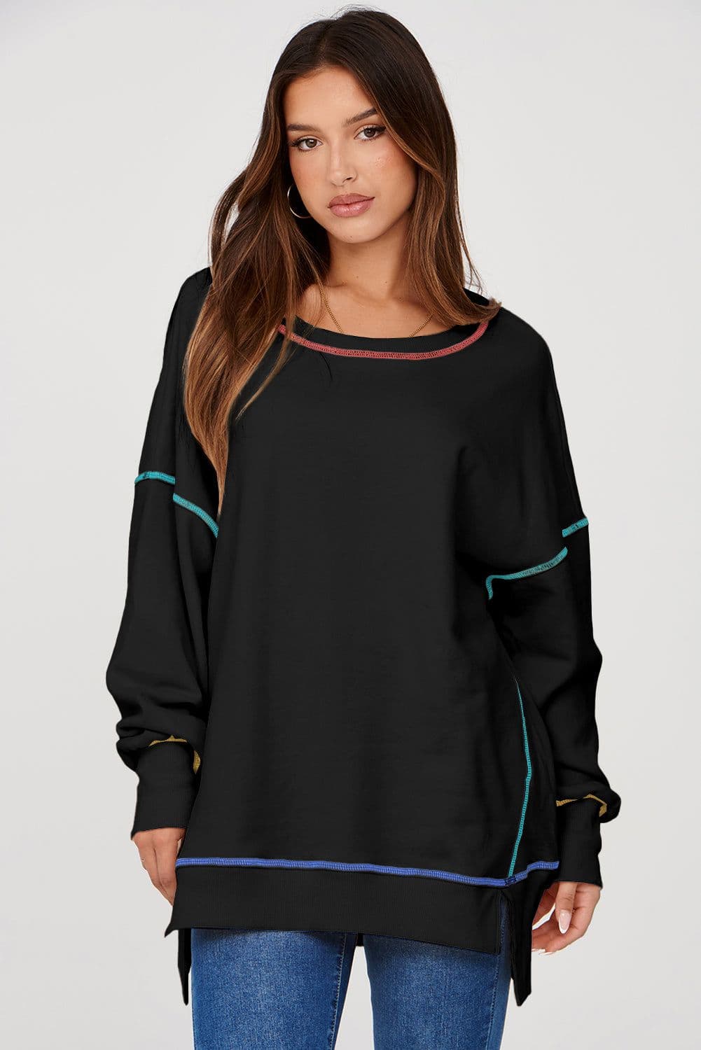 image-Black Contrast Stitching Split Baggy Sweatshirt