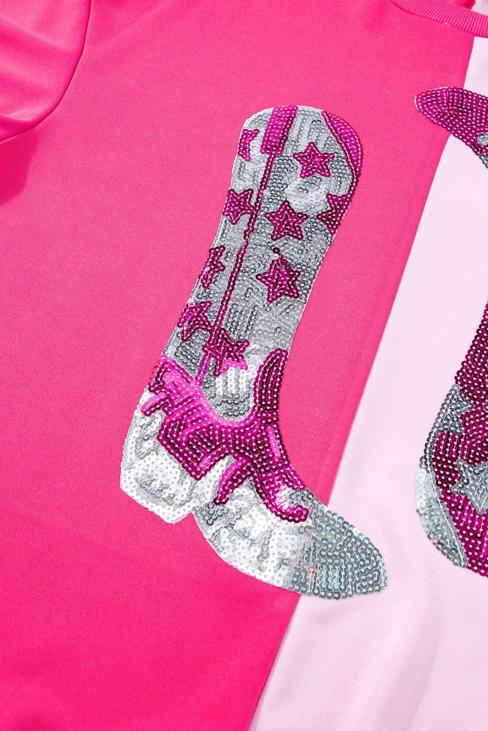 image-Pink Color Block Sequined Cowgirl Boots Graphic Sweatshirt