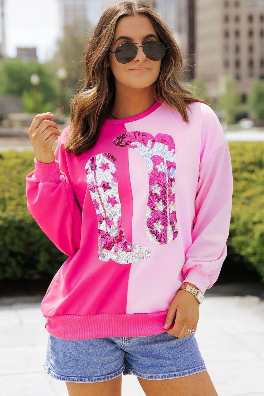 image-Pink Color Block Sequined Cowgirl Boots Graphic Sweatshirt