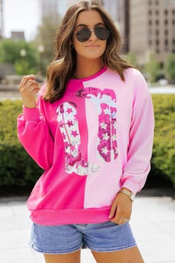 image-Pink Color Block Sequined Cowgirl Boots Graphic Sweatshirt