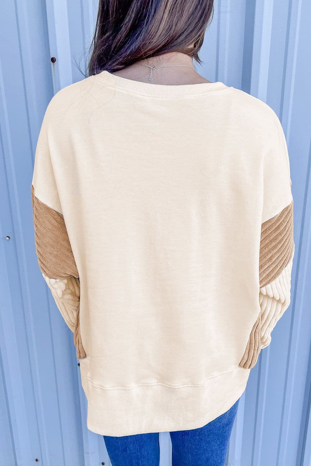 image-Apricot Corduroy Patchwork Drop Shoulder Long Sleeve Sweatshirt