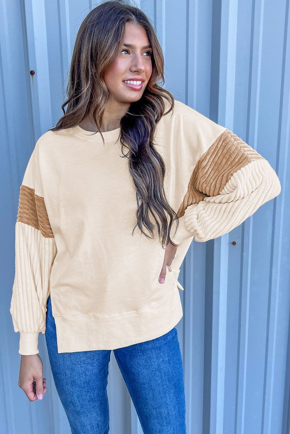 image-Apricot Corduroy Patchwork Drop Shoulder Long Sleeve Sweatshirt