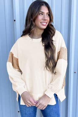 image-Apricot Corduroy Patchwork Drop Shoulder Long Sleeve Sweatshirt