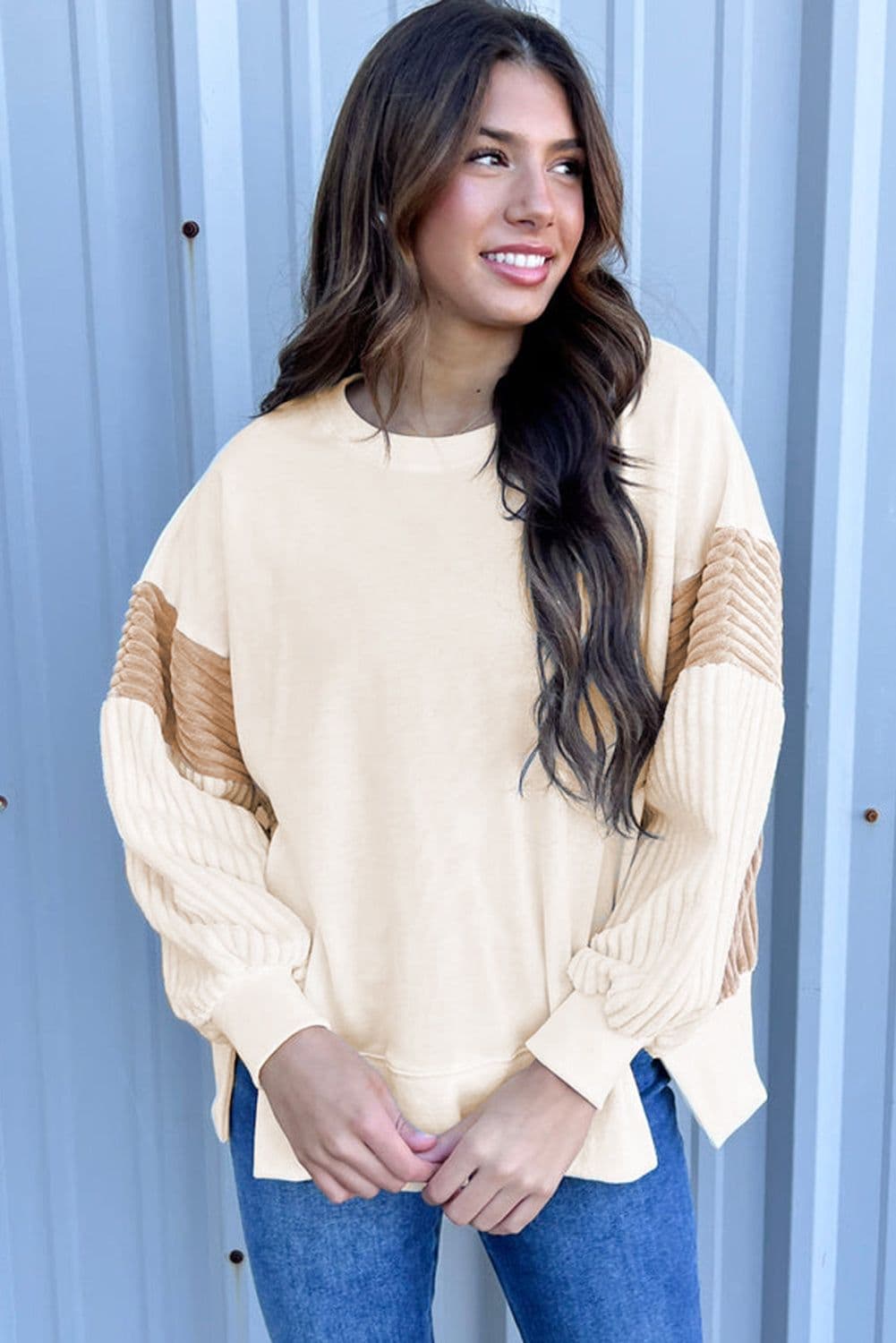 image-Apricot Corduroy Patchwork Drop Shoulder Long Sleeve Sweatshirt