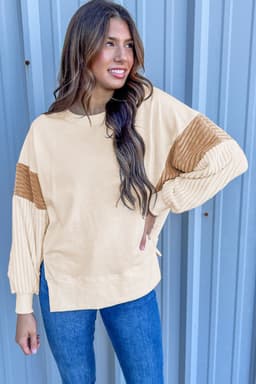 image-Apricot Corduroy Patchwork Drop Shoulder Long Sleeve Sweatshirt