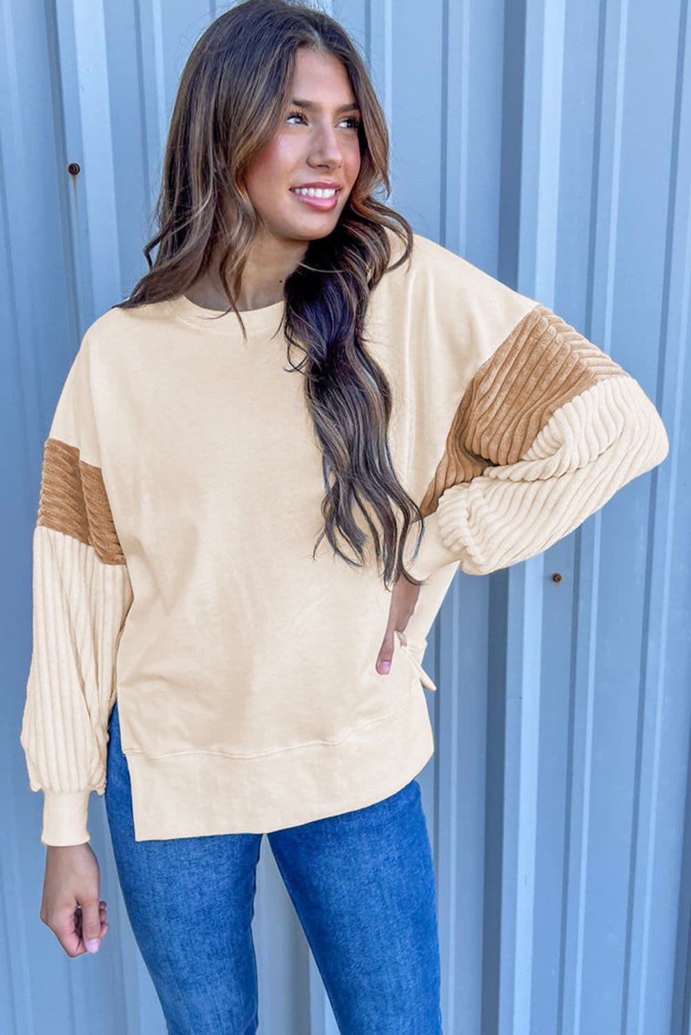 image-Apricot Corduroy Patchwork Drop Shoulder Long Sleeve Sweatshirt