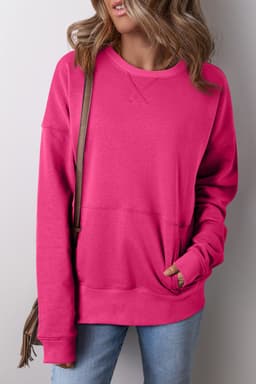 image-Rose Red Drop Shoulder Crisscross Stitching Pocketed Loose Sweatshirt