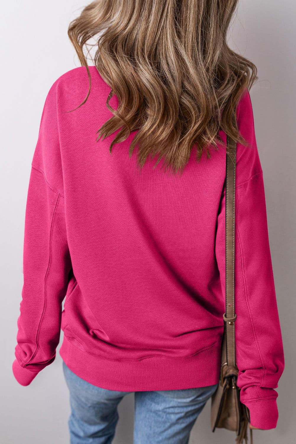 image-Rose Red Drop Shoulder Crisscross Stitching Pocketed Loose Sweatshirt