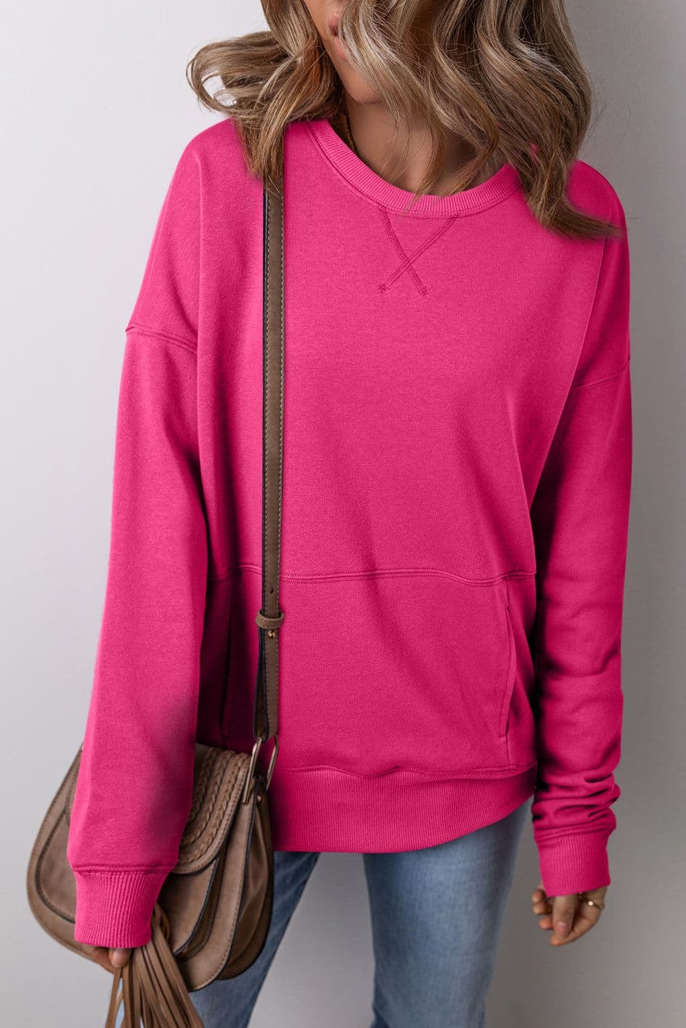 image-Rose Red Drop Shoulder Crisscross Stitching Pocketed Loose Sweatshirt