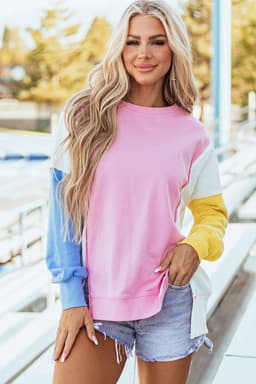 image-Bonbon Color Block Exposed Seam Side Slits Crewneck Sweatshirt