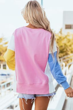 image-Bonbon Color Block Exposed Seam Side Slits Crewneck Sweatshirt