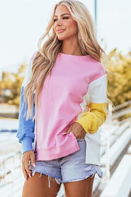 image-Bonbon Color Block Exposed Seam Side Slits Crewneck Sweatshirt