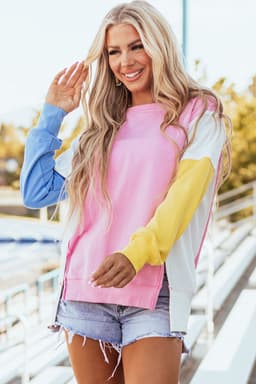 image-Bonbon Color Block Exposed Seam Side Slits Crewneck Sweatshirt