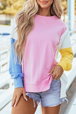 image-Bonbon Color Block Exposed Seam Side Slits Crewneck Sweatshirt