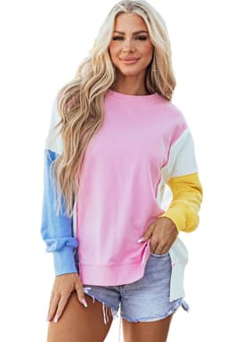 image-Bonbon Color Block Exposed Seam Side Slits Crewneck Sweatshirt