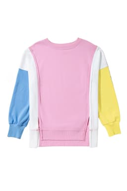 image-Bonbon Color Block Exposed Seam Side Slits Crewneck Sweatshirt