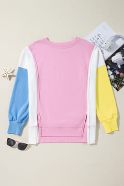 image-Bonbon Color Block Exposed Seam Side Slits Crewneck Sweatshirt