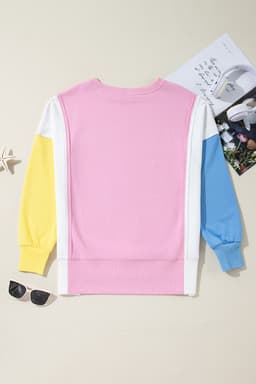 image-Bonbon Color Block Exposed Seam Side Slits Crewneck Sweatshirt