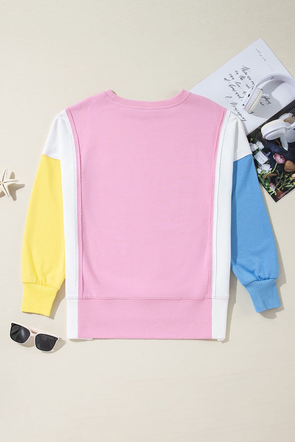 image-Bonbon Color Block Exposed Seam Side Slits Crewneck Sweatshirt