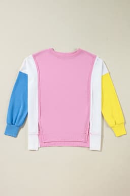 image-Bonbon Color Block Exposed Seam Side Slits Crewneck Sweatshirt