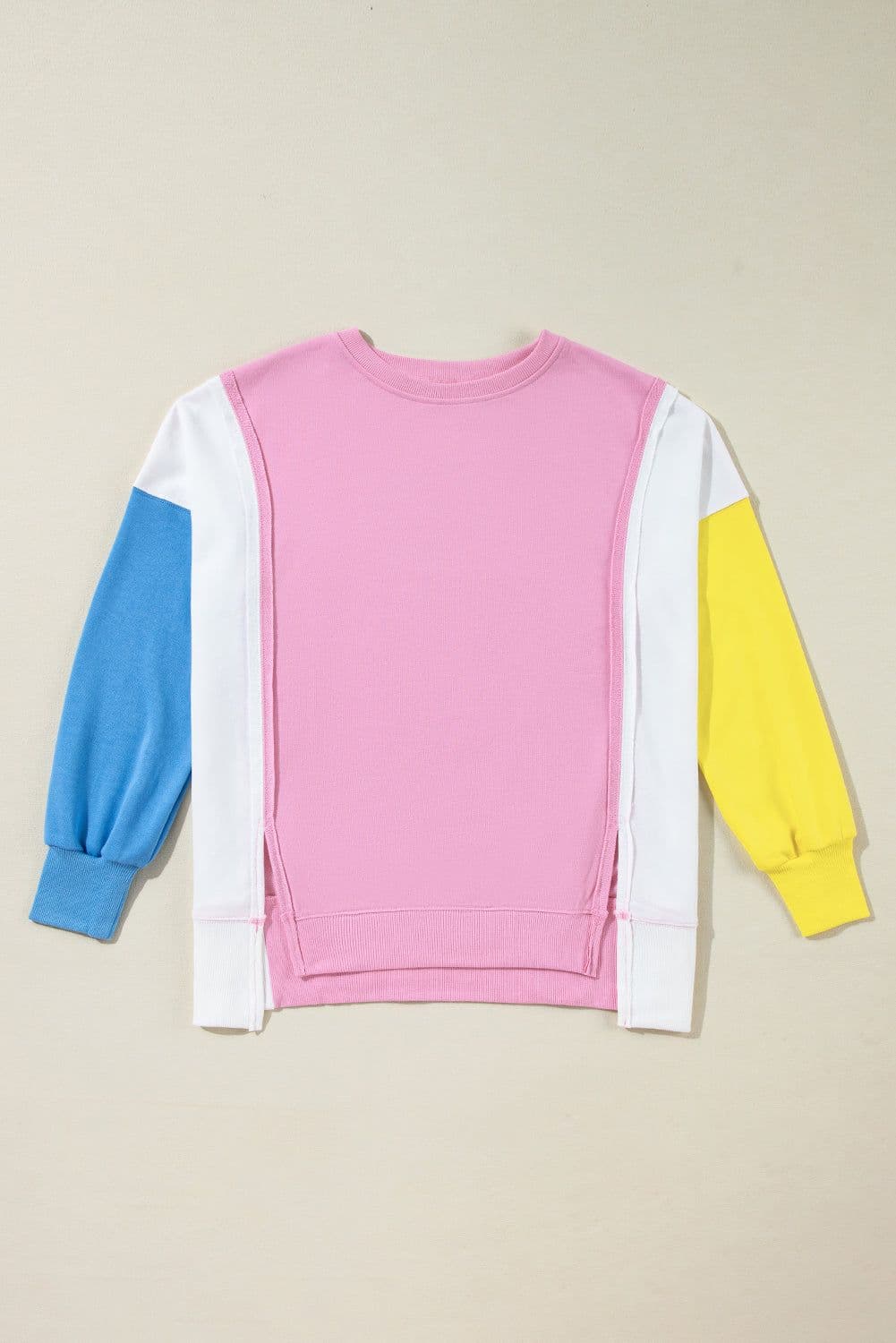 image-Bonbon Color Block Exposed Seam Side Slits Crewneck Sweatshirt