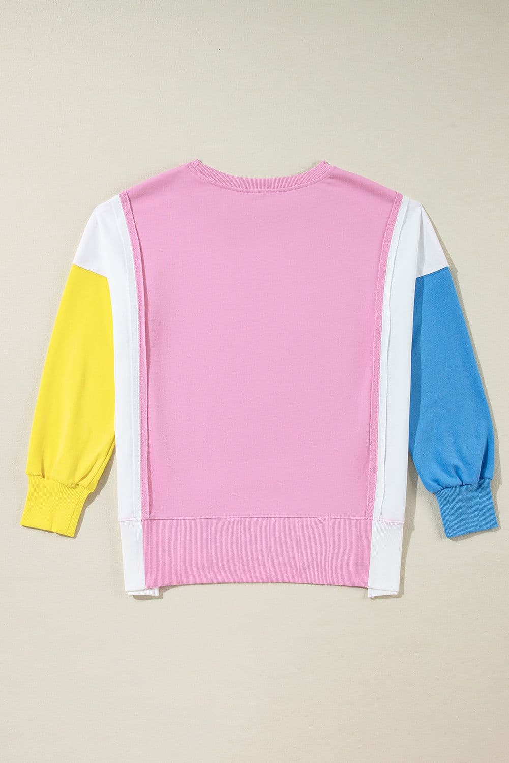 image-Bonbon Color Block Exposed Seam Side Slits Crewneck Sweatshirt