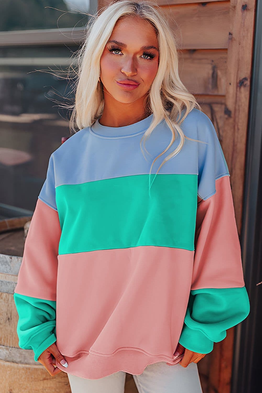 image-Blossom Colorblock Patchwork Drop Shoulder Sweatshirt