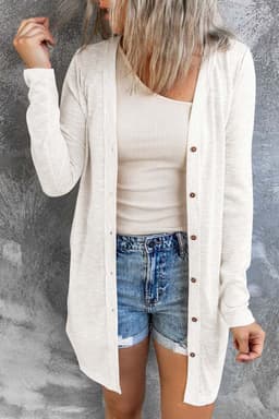 image-Black Solid Color Open-Front Buttons Cardigan