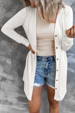 image-Black Solid Color Open-Front Buttons Cardigan