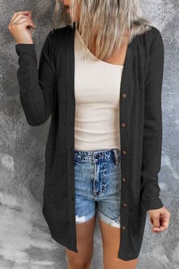 image-Black Solid Color Open-Front Buttons Cardigan