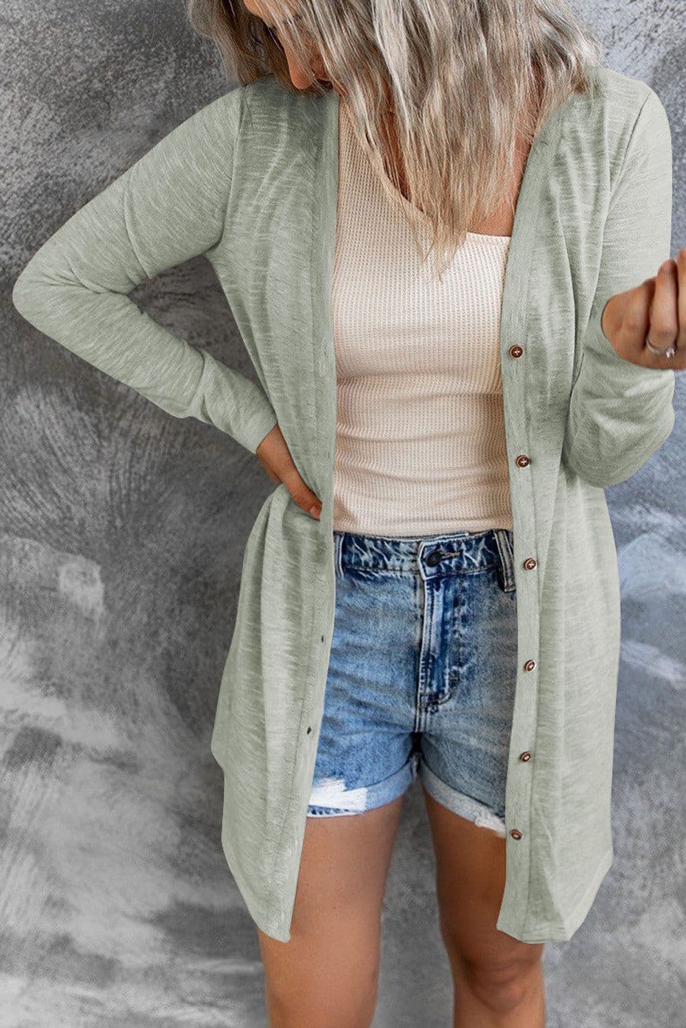 image-Black Solid Color Open-Front Buttons Cardigan