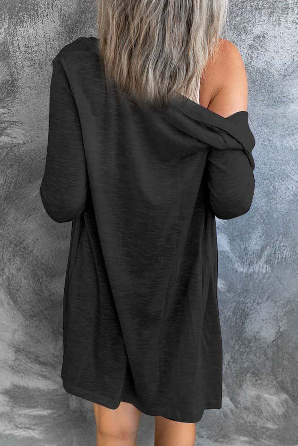 image-Black Solid Color Open-Front Buttons Cardigan