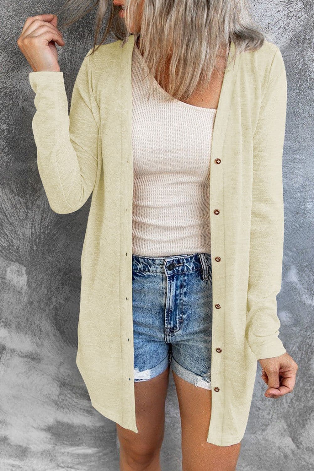 image-Black Solid Color Open-Front Buttons Cardigan