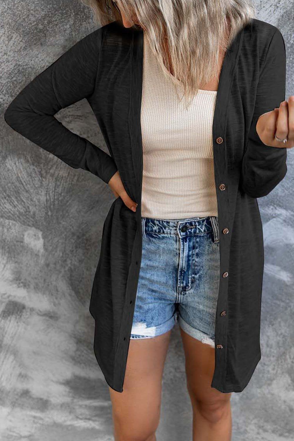 image-Black Solid Color Open-Front Buttons Cardigan