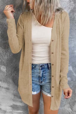 image-Black Solid Color Open-Front Buttons Cardigan