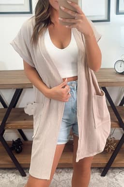 image-Parchment Ribbed Pocketed Short Sleeve Open Front Top